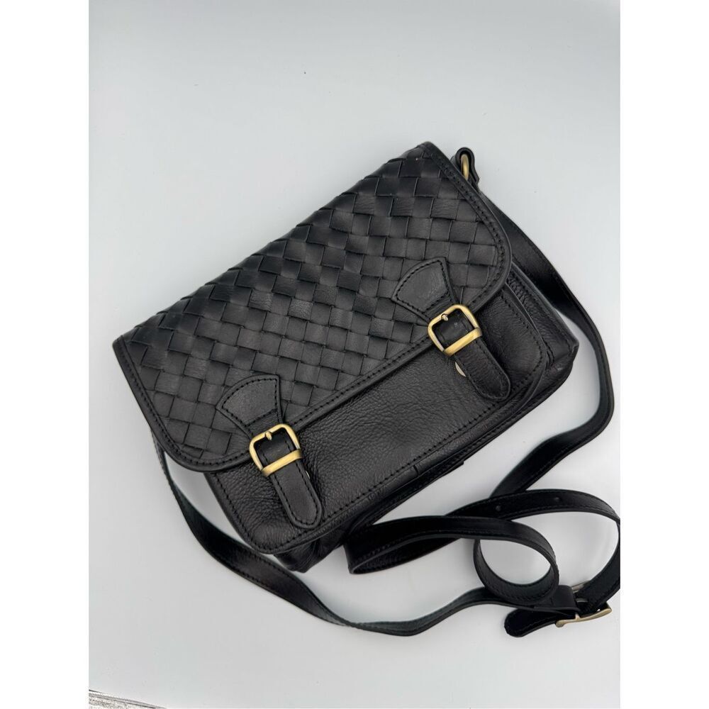 Divina Firenze Womens Black Leather Woven Buckle Crossbody Purse Made in Italy